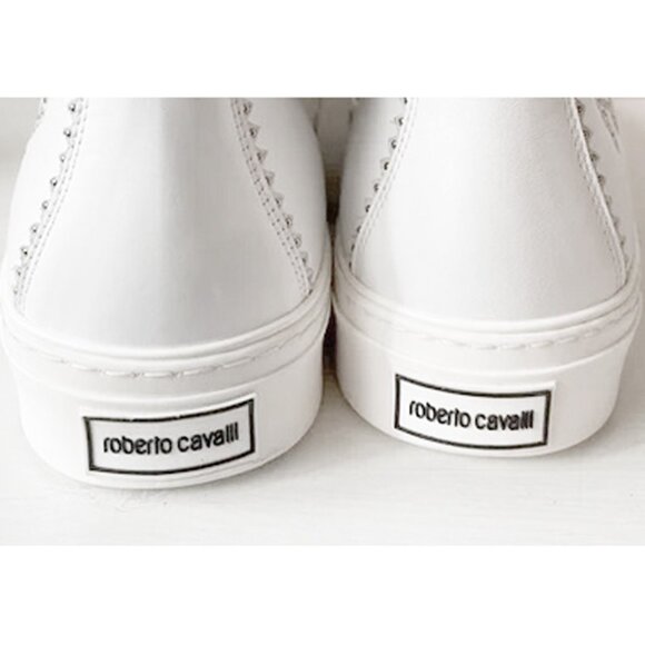 NEW $550 Roberto Cavalli Logo High Top Sneakers!  e 43.5 US 10.5  White Leather - Picture 4 of 4